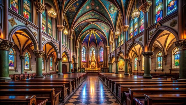 Dimly lit, ornate, and serene, a vacant Catholic church with richly colored stained glass windows and decorative columns stands in quiet contemplation.
