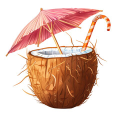 A tropical coconut drink with pink umbrella and striped straw evokes fun and refreshing vibe. 