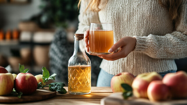 Woman Holding Glass of Fresh Apple Cider at Home