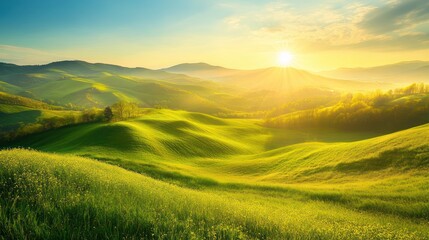Obraz premium Rolling Hills and a Golden Sunset over a Lush Green Landscape