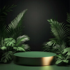 Podium and Leaves: A luxurious, emerald green podium with gold accents takes center stage, surrounded by an array of lush tropical foliage, ideal for product display or presentation.