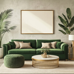 Stylish Living Room Interior: A well-appointed living room interior with a green sofa, and potted plants offers a serene and modern ambiance, ideal for interior design and home decor.