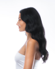 Naklejka premium Profile of Asian Woman with Long Black Hair in Studio