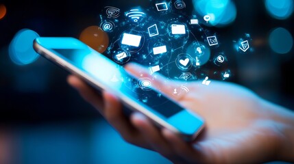 smart phone in hand with social media icon coming out of it