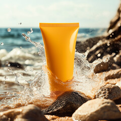 raelistic Sunscreen cream tube mockup on sand beach with sea side background. Sun safety, spf uv-protect cosmetic products, skin care cream