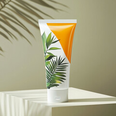 Close-up of sunscreen skin care cream tube blank packaging tube of face cream on yellow white background.


