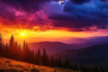 Fototapeta premium Sunset over mountain range with pine forest and colorful sky Generative AI