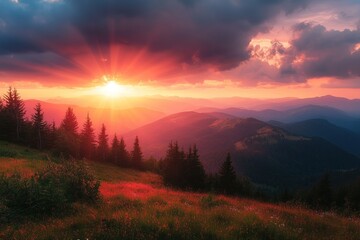 Obraz premium Sunset over mountain range with pine forest and colorful sky Generative AI