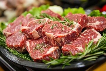 Fototapeta premium Juicy steaks richly seasoned with herbs are grilling over flaming charcoals, emitting appetizing smoke and flames. 