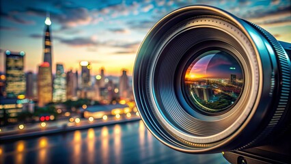 Naklejka premium Dramatic close-up of a camera lens with a blurred cityscape in the background, showcasing the power of perspective and photographic storytelling techniques.