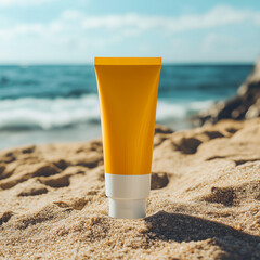 raelistic Sunscreen cream tube mockup on sand beach with sea side background. Sun safety, spf uv-protect cosmetic products, skin care cream