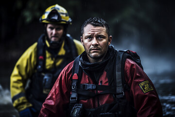 Obraz premium Volunteer rescuer helping people in flood after climate change generative AI concept