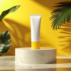 Close-up of sunscreen skin care cream tube blank packaging tube of face cream on yellow white background.


