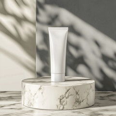 Close-up of sunscreen skin care cream tube blank packaging tube of face cream on yellow white background.


