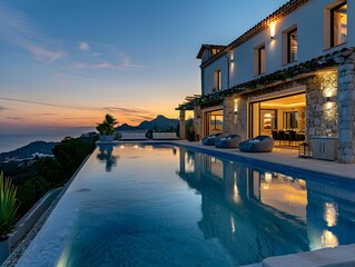 Fototapeta premium Luxurious villa with infinity pool overlooking sunset coast in Mediterranean landscape