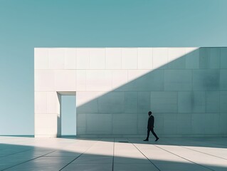 A businessman walking past minimalist architecture under a clear sky in a modern urban setting during daylight
