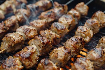 Juicy marinated  kebabs cooking on an outdoor grill, with smoke, slices of lemon, tomatoes, and flames visible.
