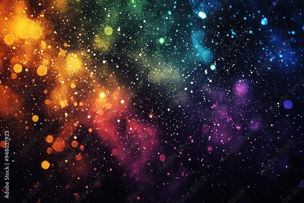 Wall mural colorful cosmic background with hanging stars and glowing particles generative ai