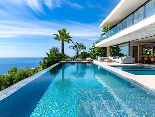 Fototapeta premium Luxurious modern villa with infinity pool overlooking the ocean on a sunny day