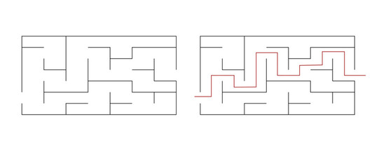 Simple labyrinth maze game vector illustration with solution. Find right way, simple logic game. Puzzle for kids.	