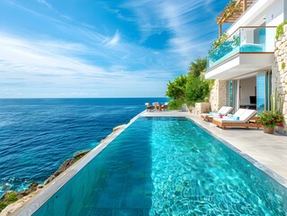 Fototapeta premium Stunning oceanfront villa with a luxurious infinity pool overlooking the clear blue sea on a bright sunny day