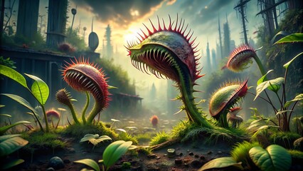 Eerie, glowing, carnivorous plant with tendrils and razor-sharp teeth dominates a deserted, post-apocalyptic landscape, evoking a sense of foreboding and menace.