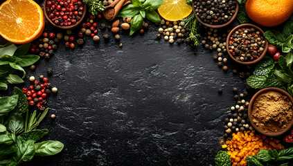 Assorted Spices and Fresh Herbs on a Black Textured Background - Culinary Flat Lay.