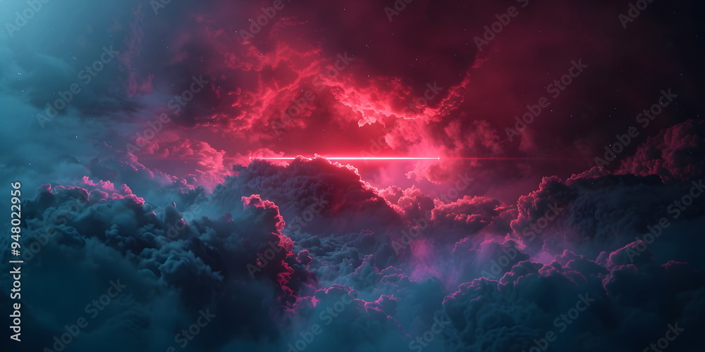 Wall mural neon glowing red light from laser sky with dark clouds. 3d rendering, abstract futuristic background