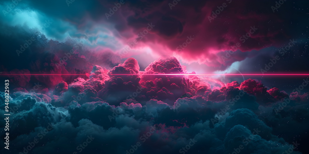 Wall mural neon glowing red light from laser sky with dark clouds. 3d rendering, abstract futuristic background