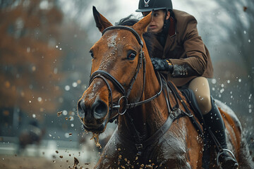 Fototapeta premium Generative AI photo realistic image, equitation lesson people connected with horses friends love