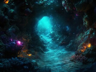 Fototapeta premium Enchanting Underwater Cave with Glowing Corals and Mysterious Blue Light