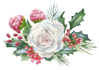 Watercolor Christmas floral Png border, red and white roses, fir, Xmas, arrangement, winter floral frame