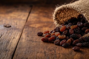 Obraz premium Rustic burlap sack of sun-dried raisins on wooden table