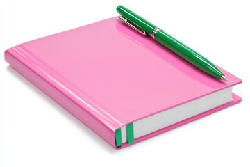 Bright pink planner with green pen on white background