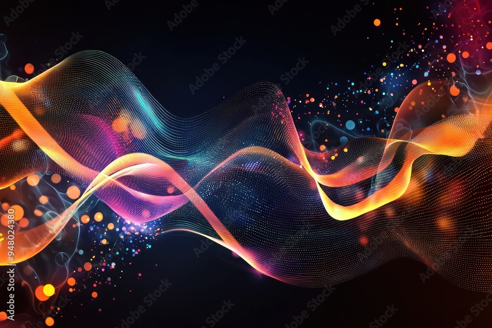 Wall mural colorful flowing waves with glowing bokeh and particles on a dark background generative ai