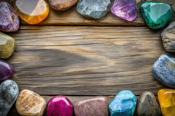 Colorful semi-precious gemstones border on wooden background