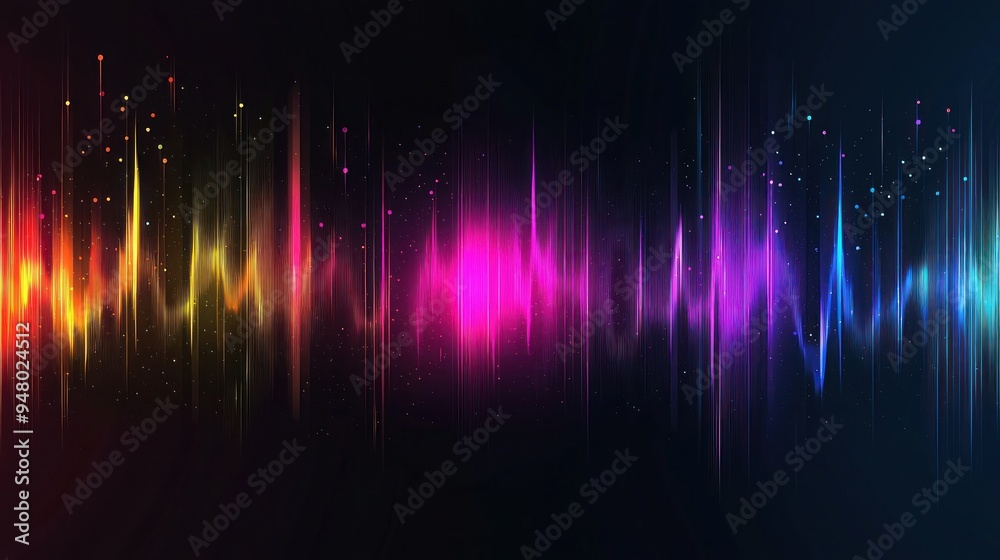 Wall mural abstract colorful soundwave-like lines with particles on dark background generative ai