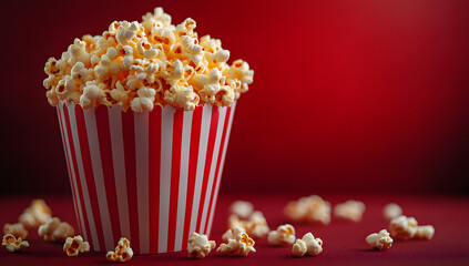 A close-up shot of freshly popped popcorn overflowing from a classic red and white striped container.