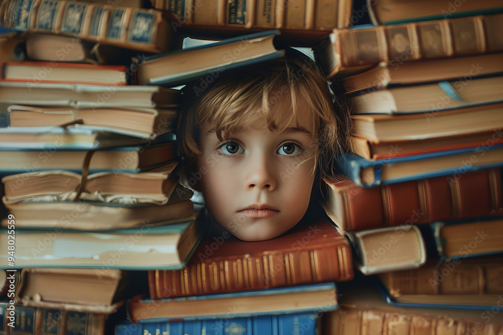 Wall mural generative ai picture of a charming clever smart boy surrounded by a pile stack books