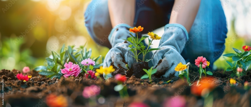 Wall mural A gardener's hand gently planting vibrant flowers in the soil, symbolizing growth and care.