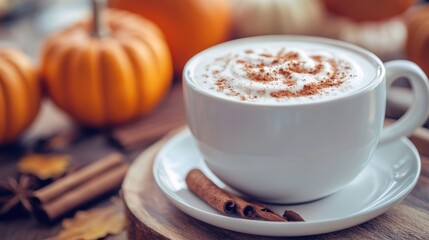 Autumn pumpkin spice latte with cinnamon seasonal decor
