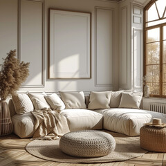 pillow living room couch living sofa comfortable furniture lamp 3d up contemporary indoor poster apartment floor luxury room cosy chair elegant image frame interior mock blank illustrati