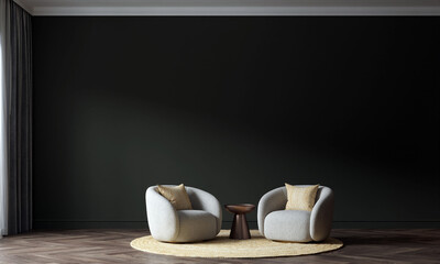 Mid century modern living room interior with a soft beige arm chairs, textured pillows and green classic pattern wall background. 3d render.