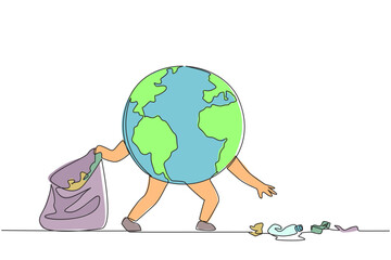 Single one line drawing globe picks up scattered rubbish. The best and simple example of protecting the earth. Throw garbage in its place. Saving planet. Continuous line design graphic illustration