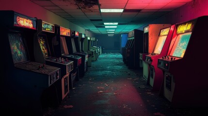 Retro Arcade Room with Vintage Video Game Machines in Dimly Lit Abandoned Building