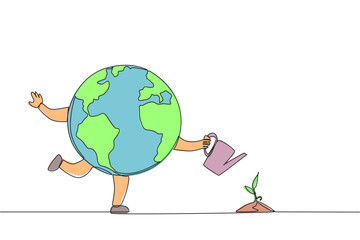 Continuous one line drawing globe watering plant seed. Plant plants with joy. Maintain air purity. Protecting the ecosystem. Keep the planet green. Save. Single line draw design vector illustration