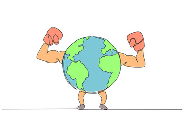 Single continuous line drawing globe raised both hands which wearing boxing gloves. Always enthusiastic to fight to preserve the beauty of nature. Save the planet. One line design vector illustration