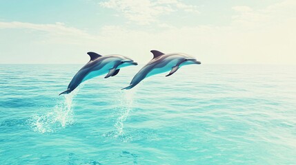 Fototapeta premium A pair of dolphins jump out of the turquoise sea