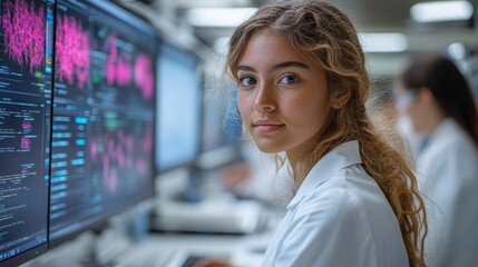 Diverse team of researchers analyzing CRISPR data in a modern laboratory environment