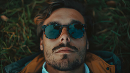 Fototapeta premium Man Laying The Ground Wearing Sunglasses